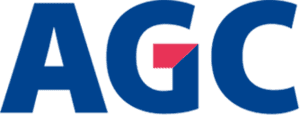 The image shows the AGC logo with bold blue letters "AGC," and a red triangle incorporated in the letter "G.