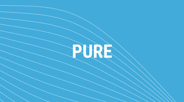 White text reading "PURE" on a blue background with white, curved lines running diagonally across the lower left and right corners.