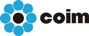 Coim logo with a black circle surrounded by six blue circles on the left and the word "coim" in bold black letters on the right.