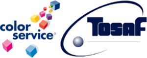 Color Service and Tosaf logos side by side; Color Service features colorful cubes, while Tosaf has stylized text with a gray sphere and blue swoosh.