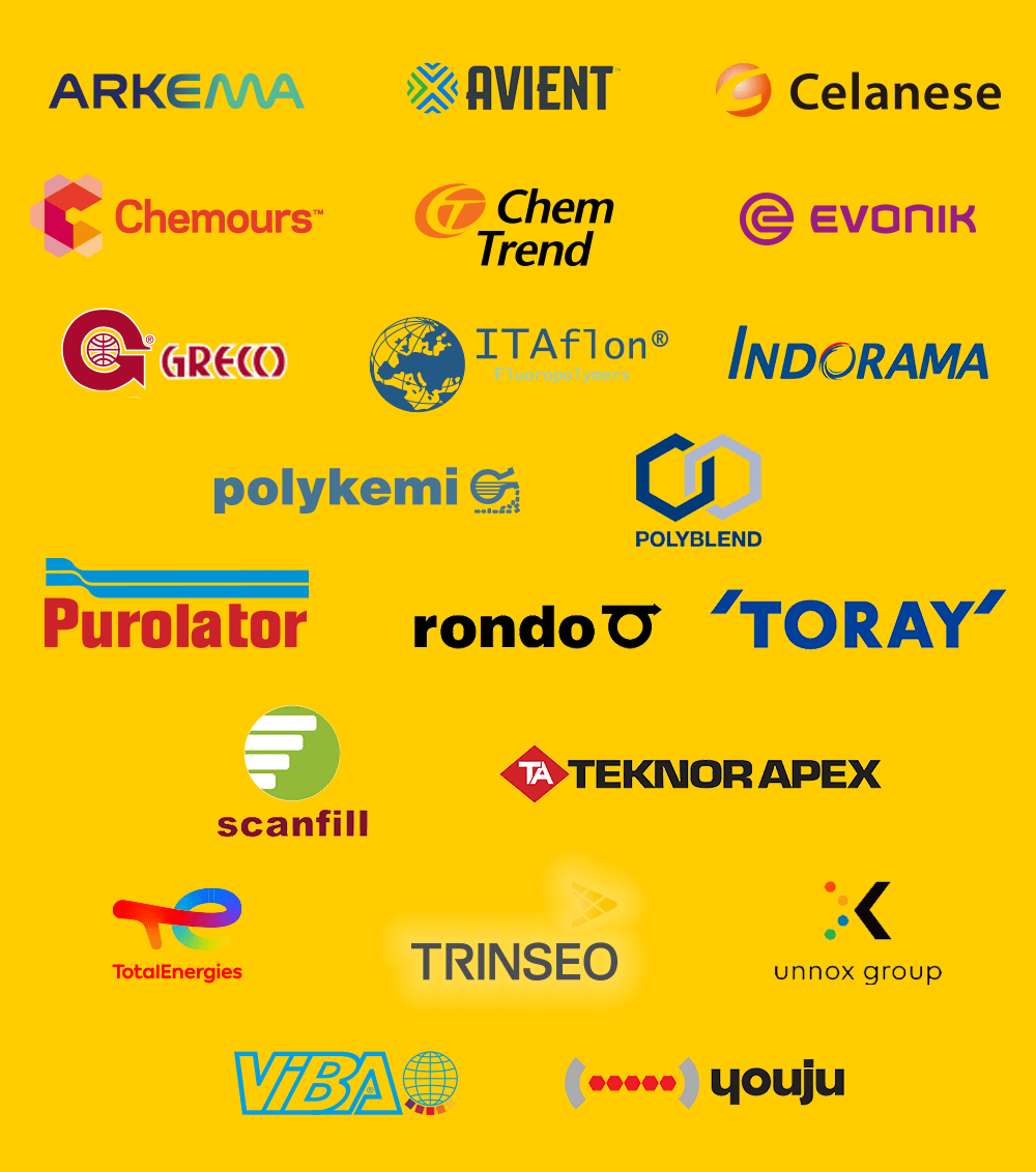 A collection of 24 different company logos, mainly from the chemical and materials industries, displayed on a yellow background.