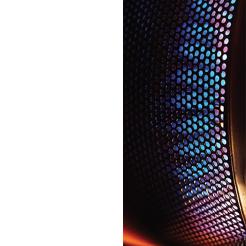 Close-up of a circular speaker grille with multicolored LED lights creating a blue and purple gradient pattern.