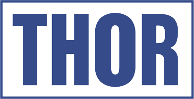 The word "THOR" in bold, blue, uppercase letters, centered on a white background with a blue border.