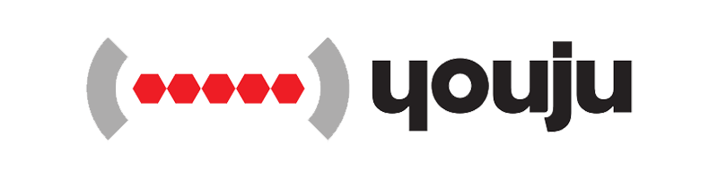 Logo featuring six red hexagons between two gray curved brackets, followed by the black text "youju" on a white background.